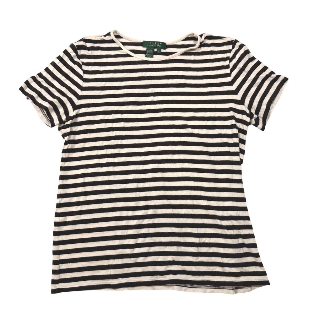 Lauren Ralph Lauren Black White Striped Short Sleeve T-Shirt Womens Large L‎